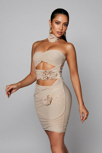 Zinnia Strapless Flower Cutout Mesh Mini Dress