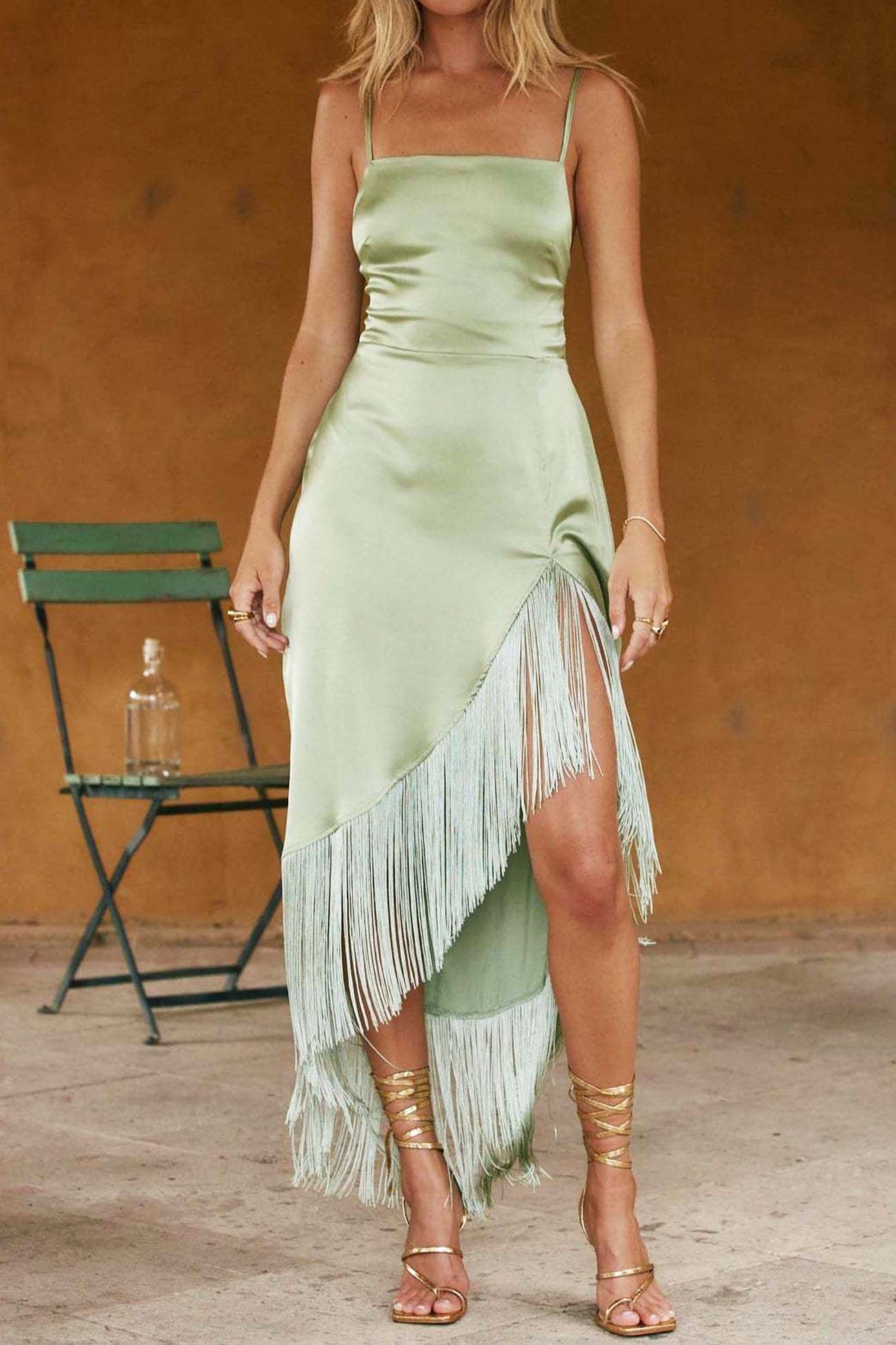 Irregular Tassel Backless Bow Cami Dress