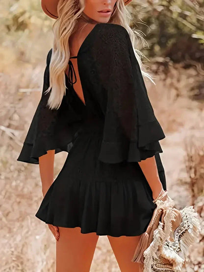 Floral Lace Surplice V-Neck Bell Sleeve Smocked Button-Front Tiered Ruffle Mini Dress
