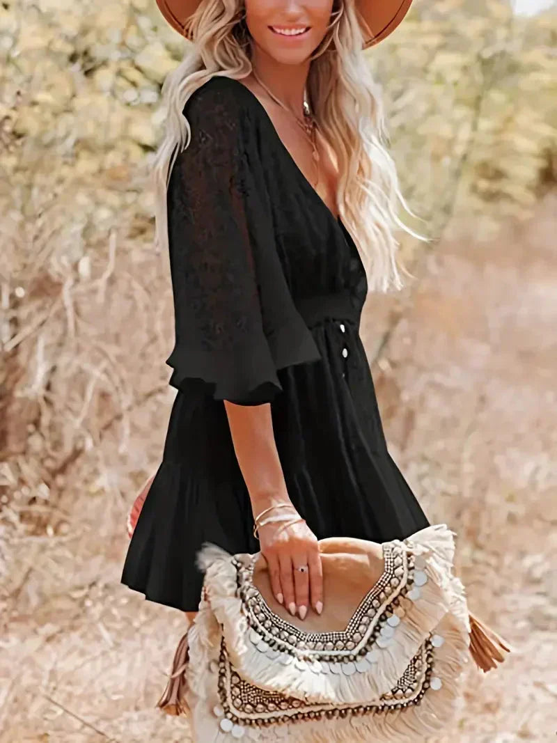 Floral Lace Surplice V-Neck Bell Sleeve Smocked Button-Front Tiered Ruffle Mini Dress