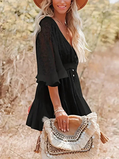 Floral Lace Surplice V-Neck Bell Sleeve Smocked Button-Front Tiered Ruffle Mini Dress