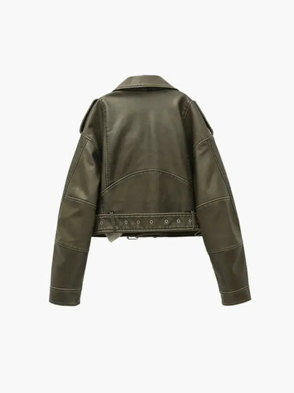 | Cropped Fitted Belted Biker Jacket
