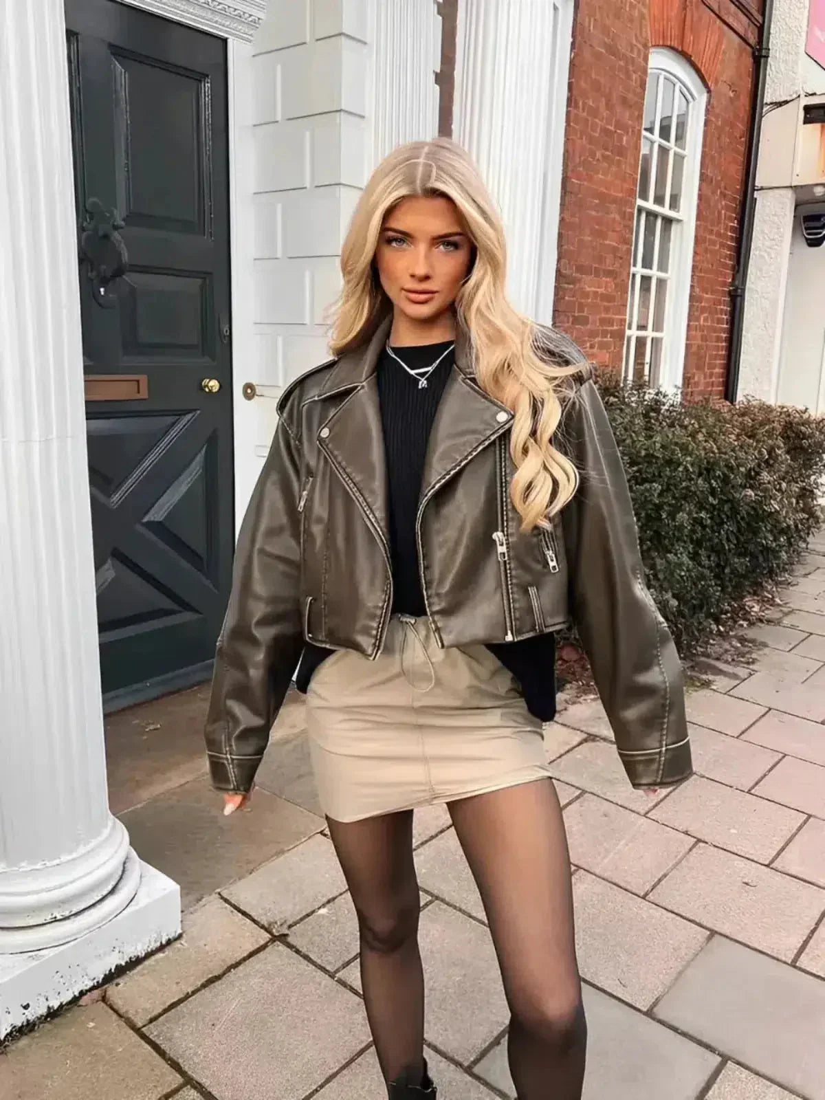 | Cropped Fitted Belted Biker Jacket
