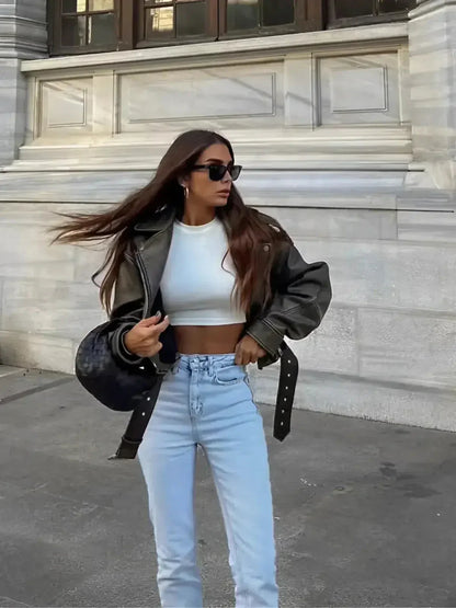 | Cropped Fitted Belted Biker Jacket
