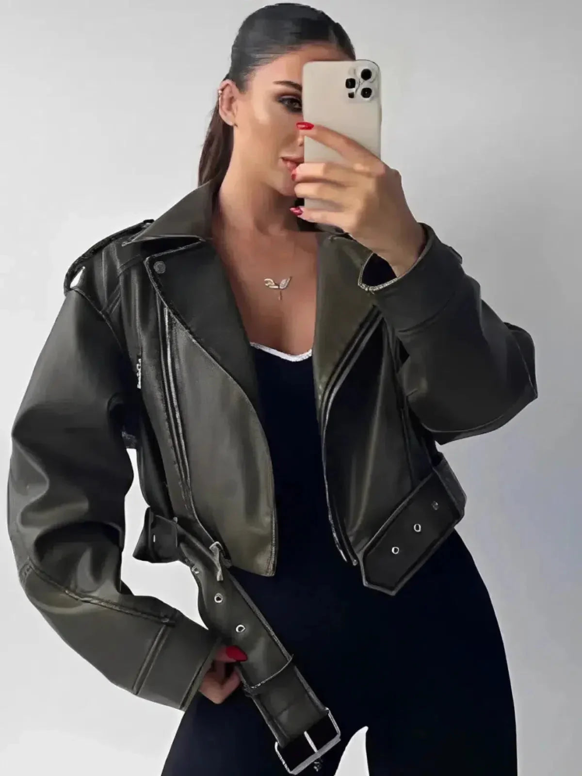 | Cropped Fitted Belted Biker Jacket