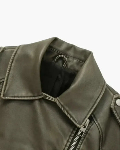 | Cropped Fitted Belted Biker Jacket