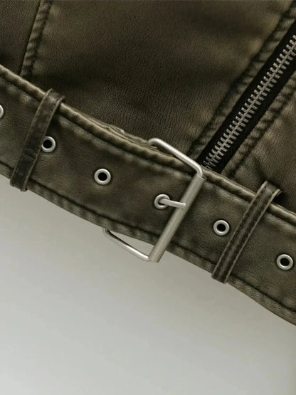| Cropped Fitted Belted Biker Jacket