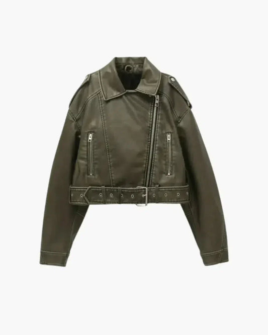 | Cropped Fitted Belted Biker Jacket