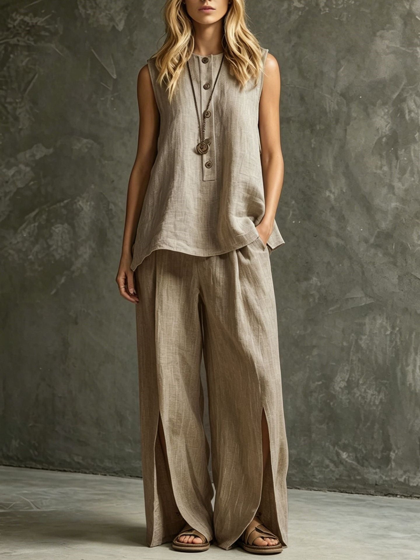 Two-piece Set With Split Pockets, Buttons, And Solid Color