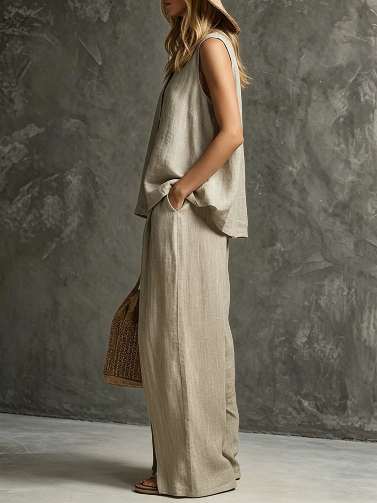 Two-piece Set With Split Pockets, Buttons, And Solid Color