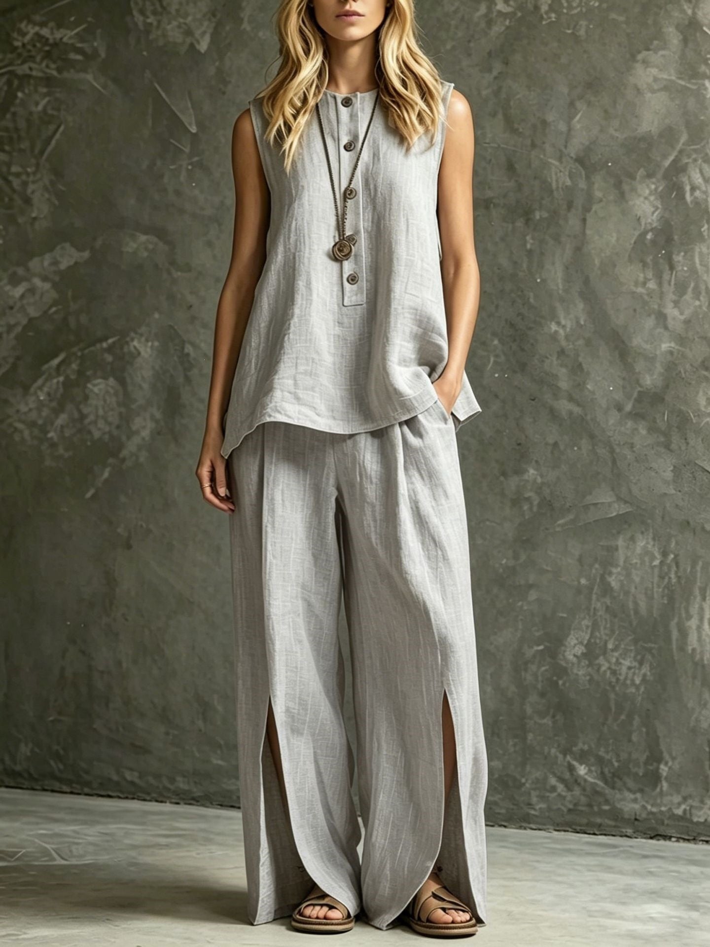 Two-piece Set With Split Pockets, Buttons, And Solid Color