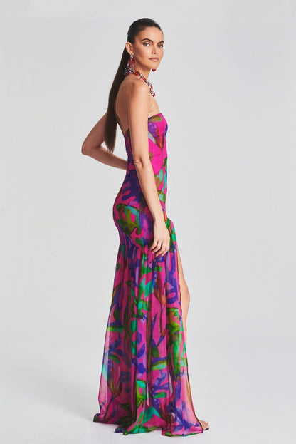 Floral Tube Top Slit Backless Maxi Dress