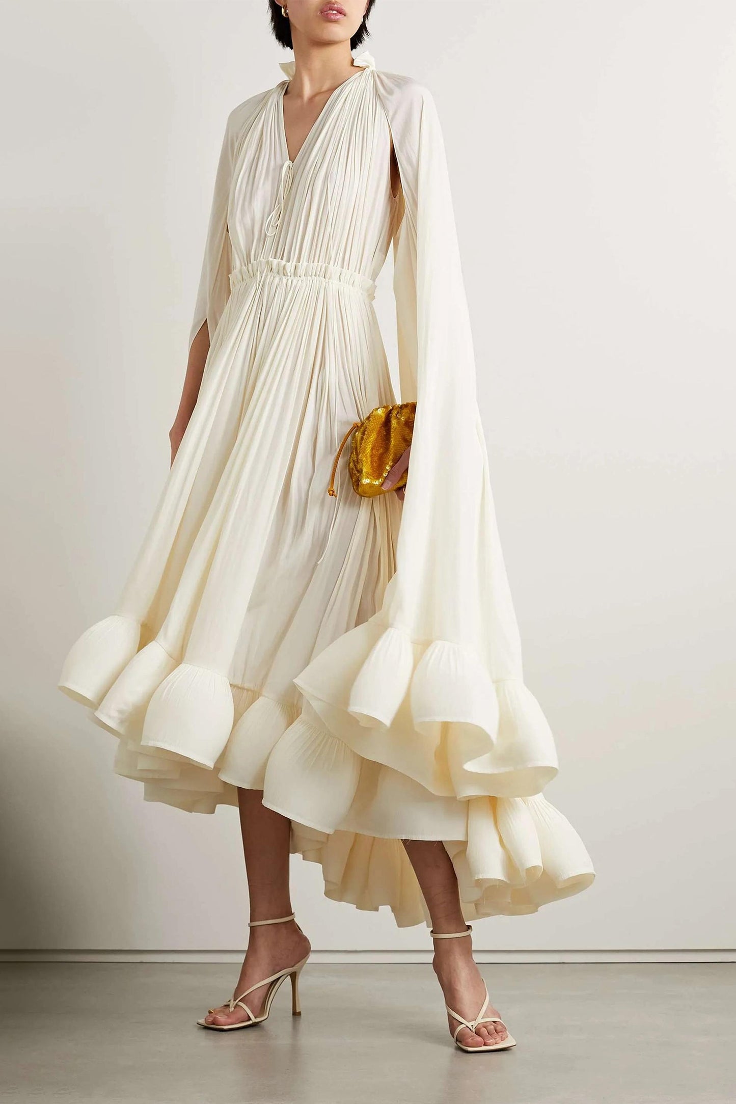 V-Neck Ruffle Hem Cape Large Hemline Midi Dress Beige