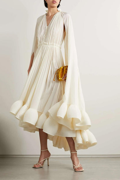 V-Neck Ruffle Hem Cape Large Hemline Midi Dress Beige