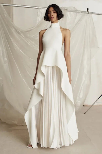 Crew Collar Sleeveless Backless Asymmetric Suit Dress