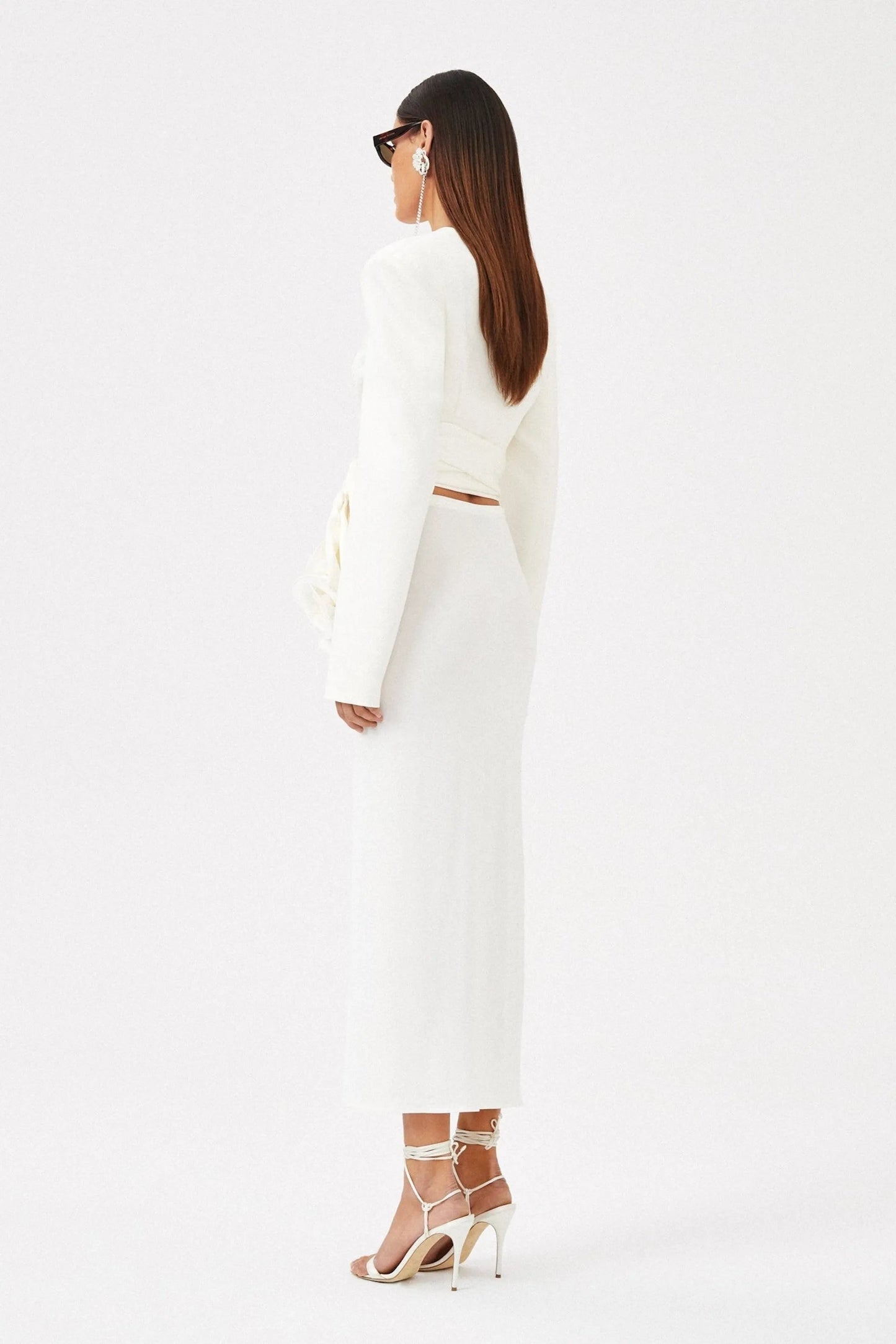 Lace Up Top & 3D Flower High Waist Midi Skirt Set White