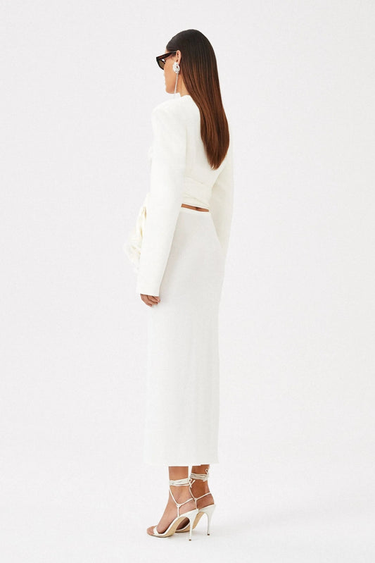 Lace Up Top & 3D Flower High Waist Midi Skirt Set White