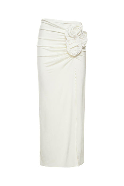 Lace Up Top & 3D Flower High Waist Midi Skirt Set White