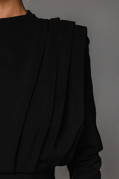 Stand Collar Long Sleeve Pleated Waist Split Maxi Dress