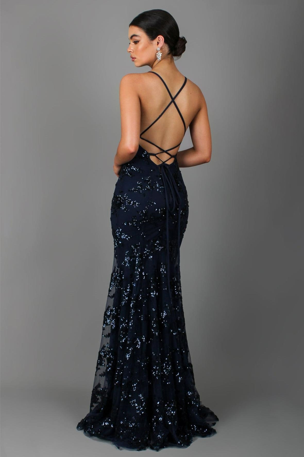 Sequin Floral Vine Print Spaghetti Strap Deep V-Neck Mermaid Maxi Dress
