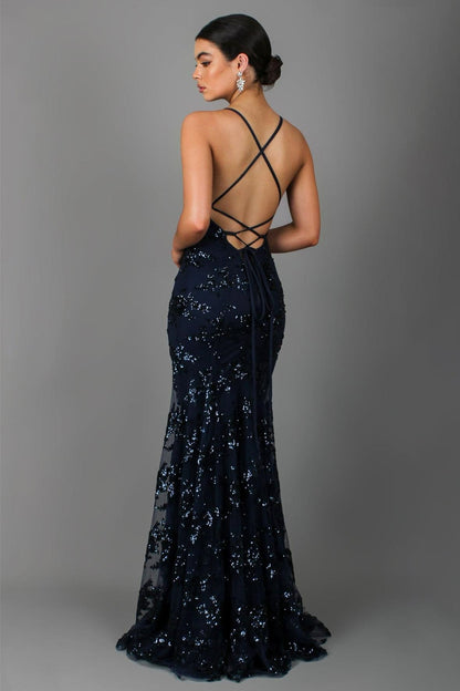 Sequin Floral Vine Print Spaghetti Strap Deep V-Neck Mermaid Maxi Dress