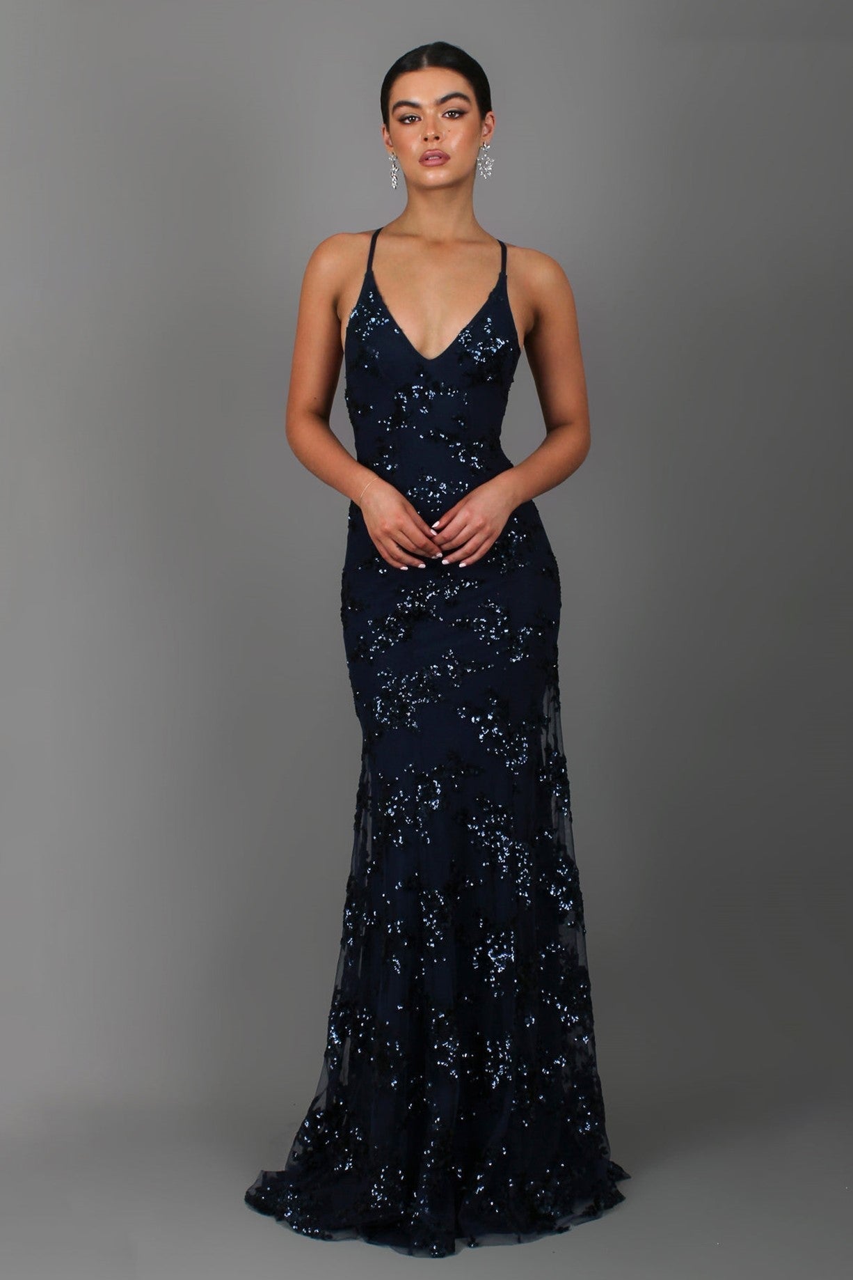 Sequin Floral Vine Print Spaghetti Strap Deep V-Neck Mermaid Maxi Dress