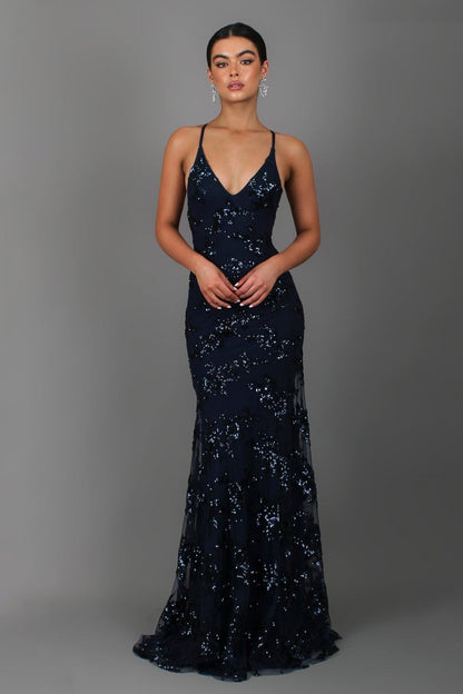 Sequin Floral Vine Print Spaghetti Strap Deep V-Neck Mermaid Maxi Dress