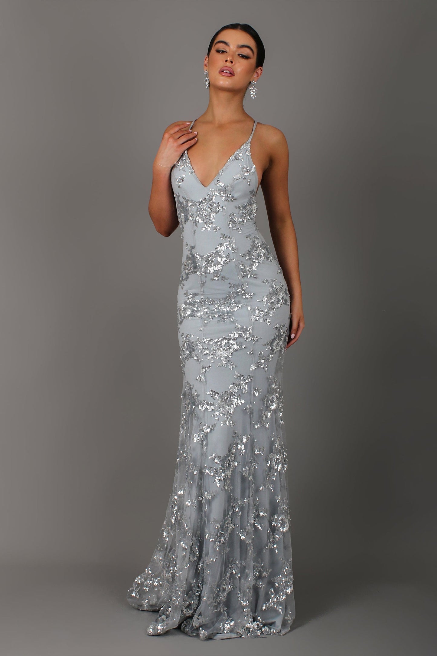 Sequin Floral Vine Print Spaghetti Strap Deep V-Neck Mermaid Maxi Dress