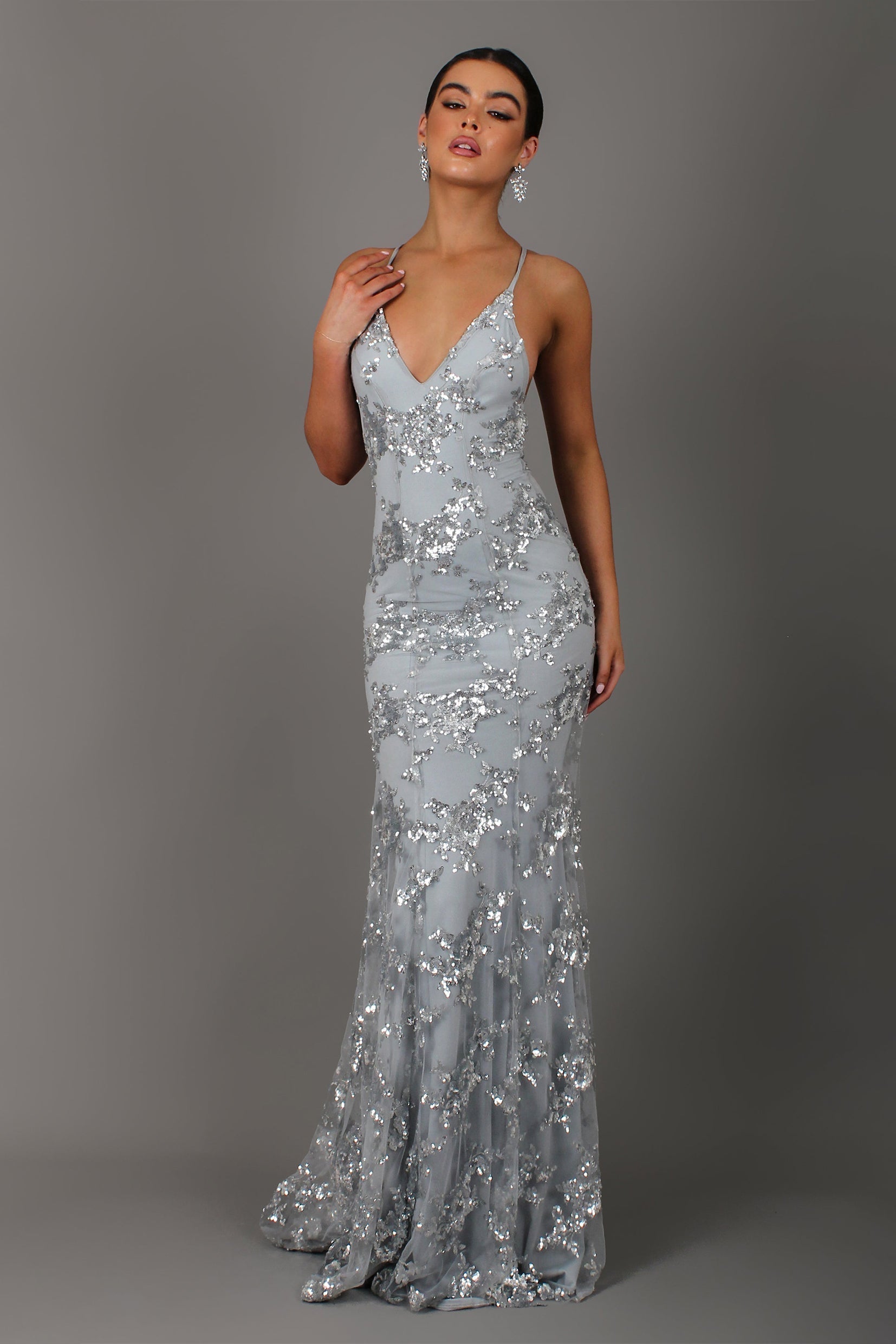 Sequin Floral Vine Print Spaghetti Strap Deep V-Neck Mermaid Maxi Dress