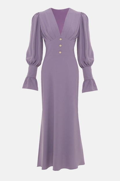 Solid V-Neck Lantern Sleeve Midi Dress