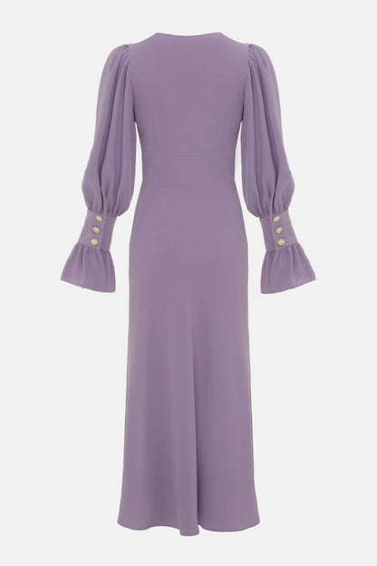 Solid V-Neck Lantern Sleeve Midi Dress
