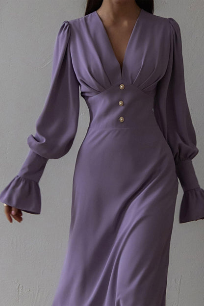 Solid V-Neck Lantern Sleeve Midi Dress