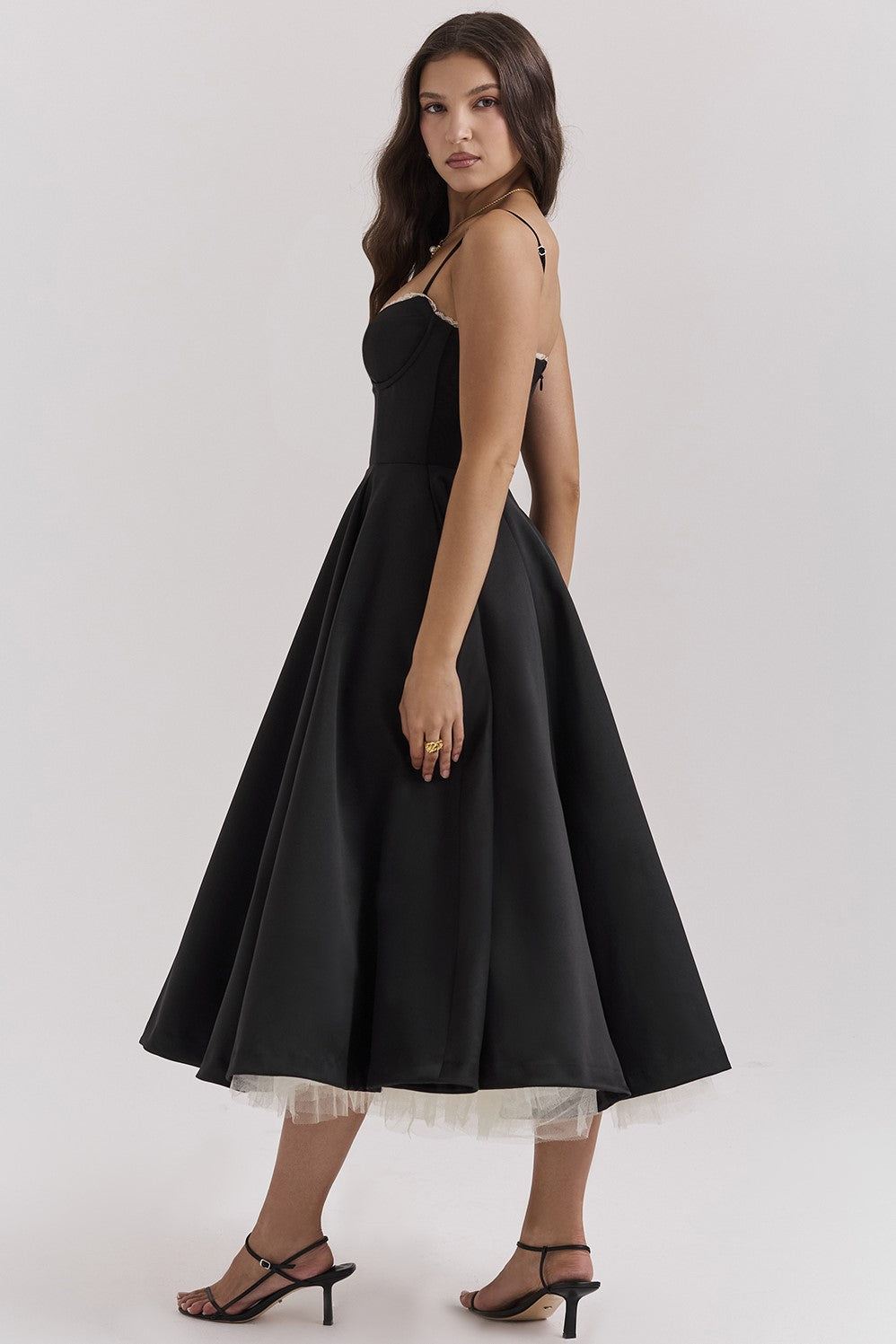 Corset Bustier Sweetheart Lace Trim Tulle Underskirt Midi Dress