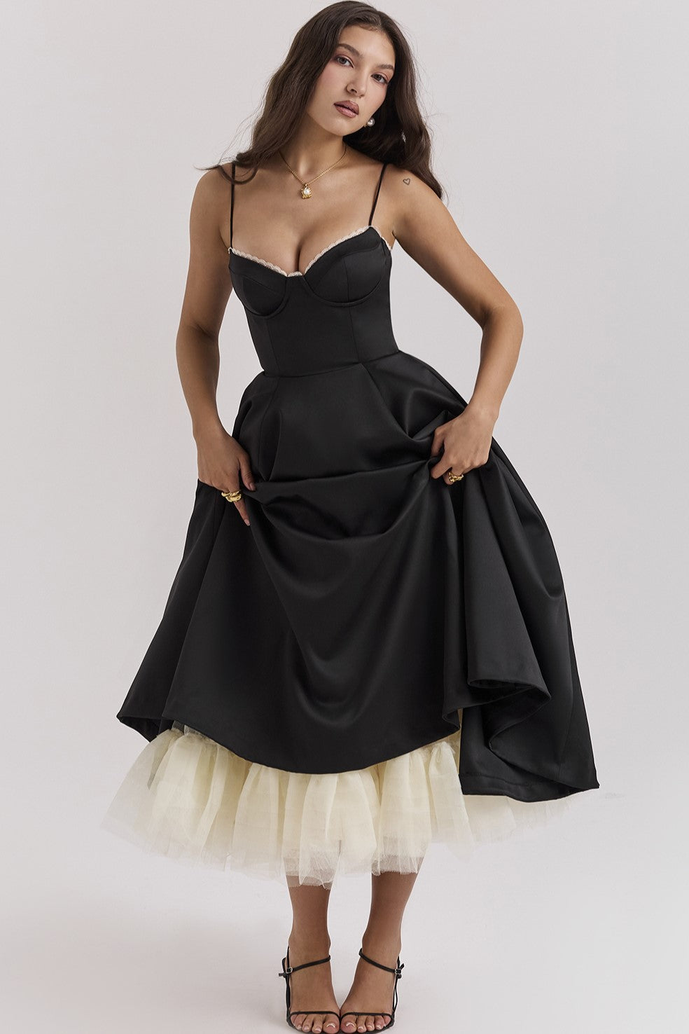 Corset Bustier Sweetheart Lace Trim Tulle Underskirt Midi Dress