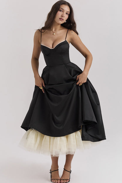 Corset Bustier Sweetheart Lace Trim Tulle Underskirt Midi Dress