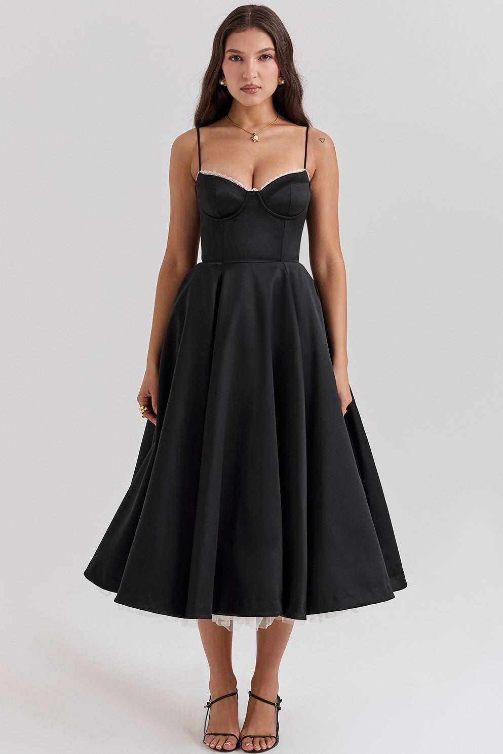 Corset Bustier Sweetheart Lace Trim Tulle Underskirt Midi Dress