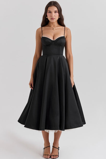 Corset Bustier Sweetheart Lace Trim Tulle Underskirt Midi Dress