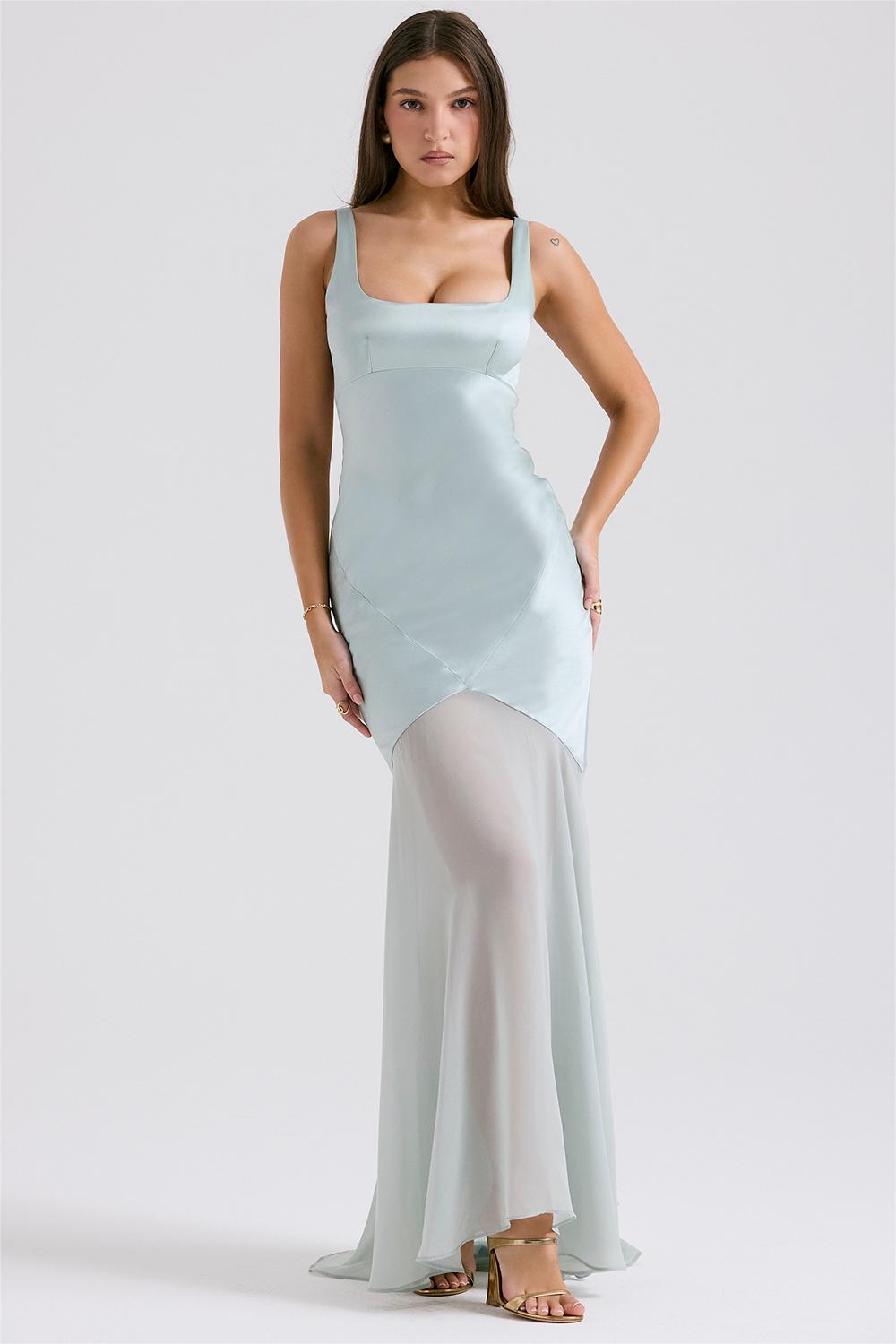 Square Neck Satin Bodice Sheer Overlay Pointed Hem Maxi Gown