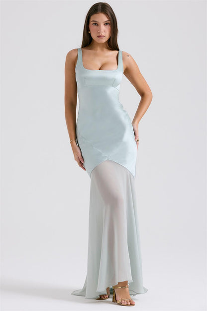 Square Neck Satin Bodice Sheer Overlay Pointed Hem Maxi Gown