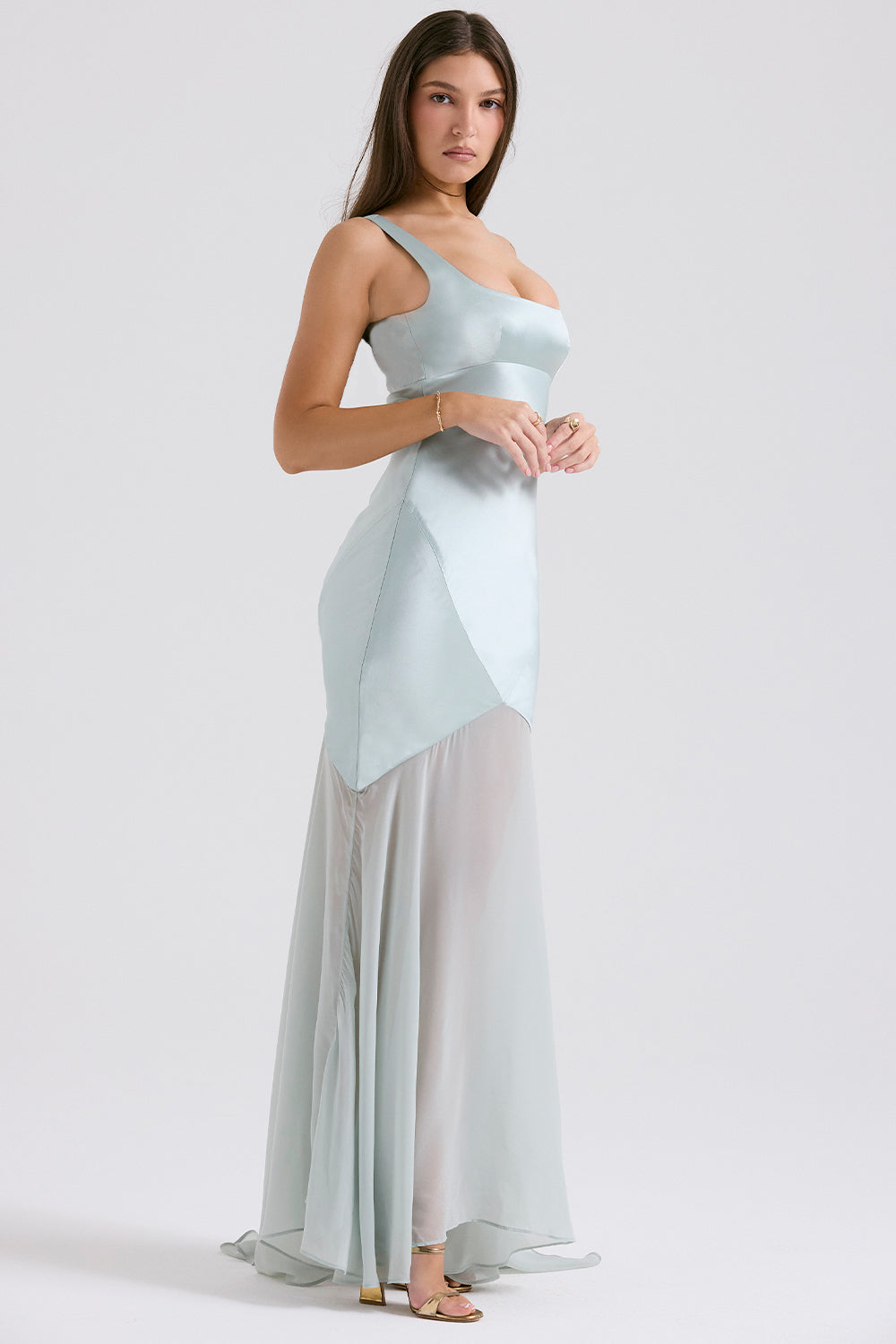 Square Neck Satin Bodice Sheer Overlay Pointed Hem Maxi Gown