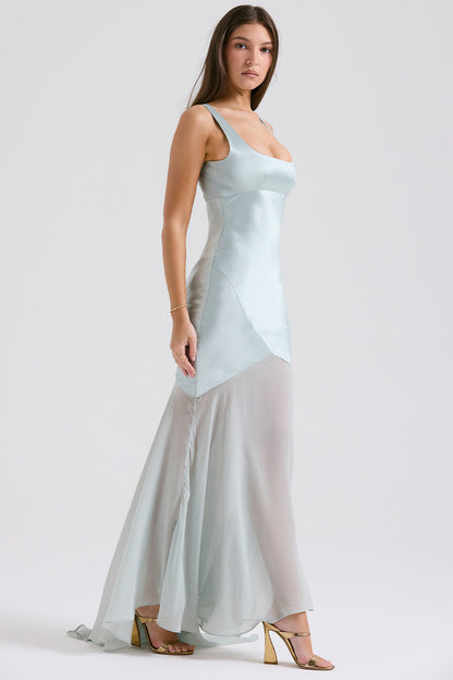 Square Neck Satin Bodice Sheer Overlay Pointed Hem Maxi Gown