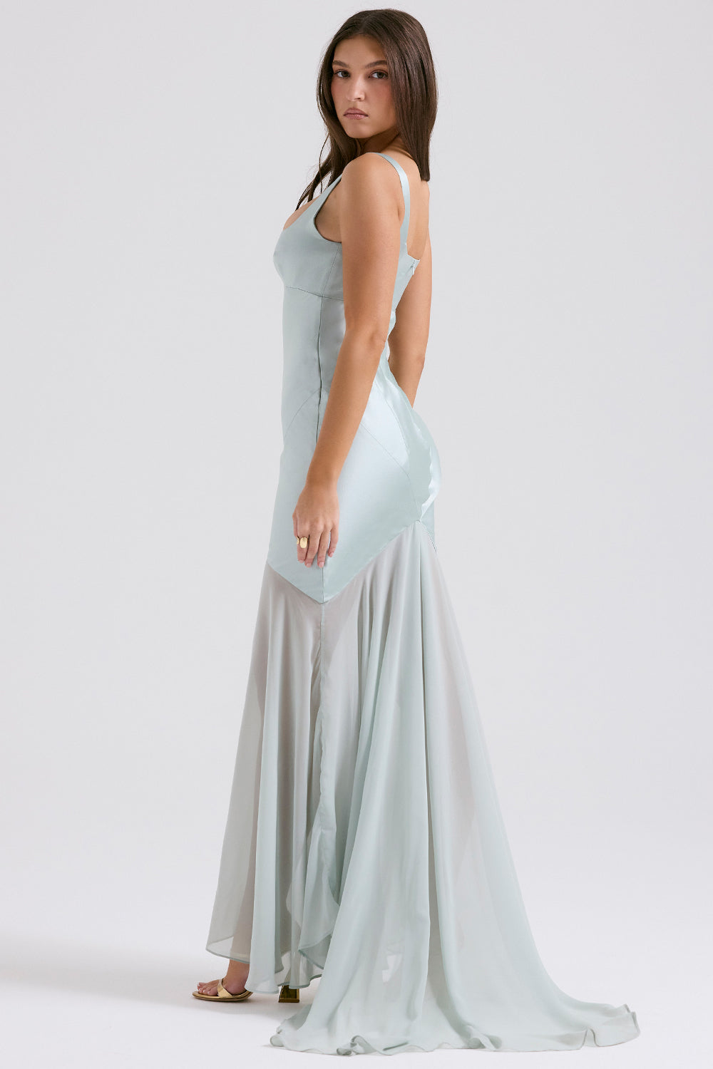 Square Neck Satin Bodice Sheer Overlay Pointed Hem Maxi Gown