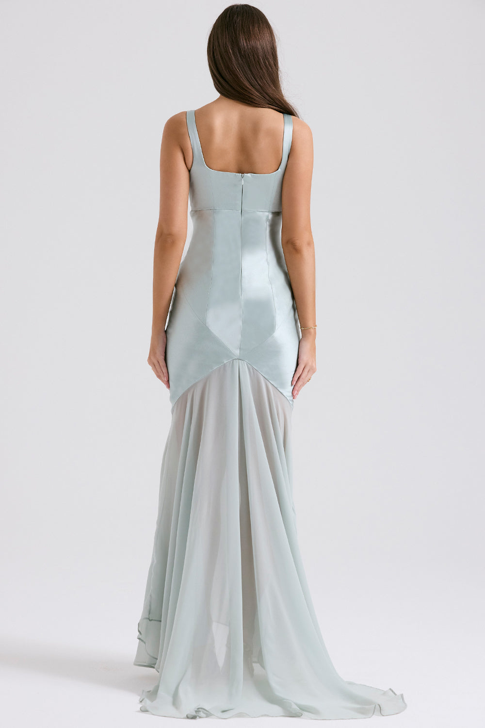 Square Neck Satin Bodice Sheer Overlay Pointed Hem Maxi Gown