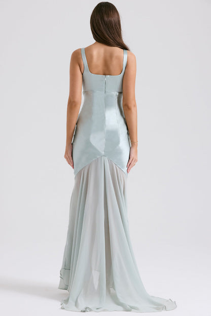 Square Neck Satin Bodice Sheer Overlay Pointed Hem Maxi Gown