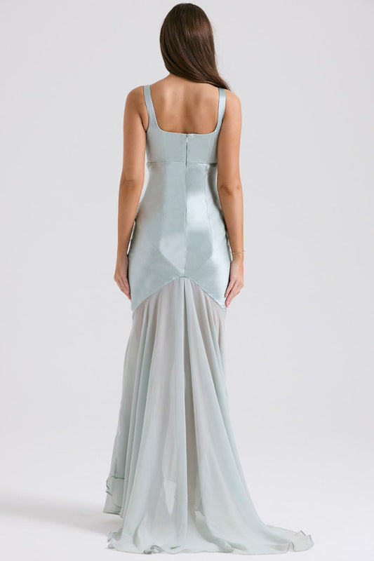 Square Neck Satin Bodice Sheer Overlay Pointed Hem Maxi Gown