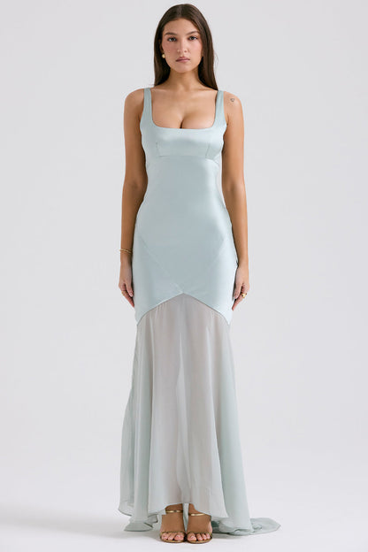 Square Neck Satin Bodice Sheer Overlay Pointed Hem Maxi Gown