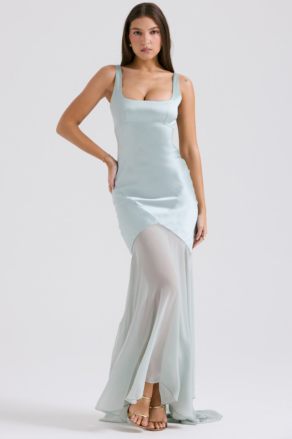 Square Neck Satin Bodice Sheer Overlay Pointed Hem Maxi Gown