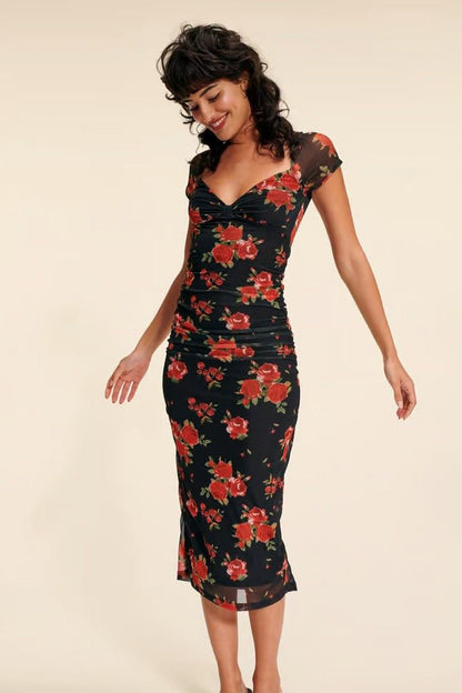 Floral Print Mesh Sweetheart Cap Sleeve Ruched Bodycon Midi Dress