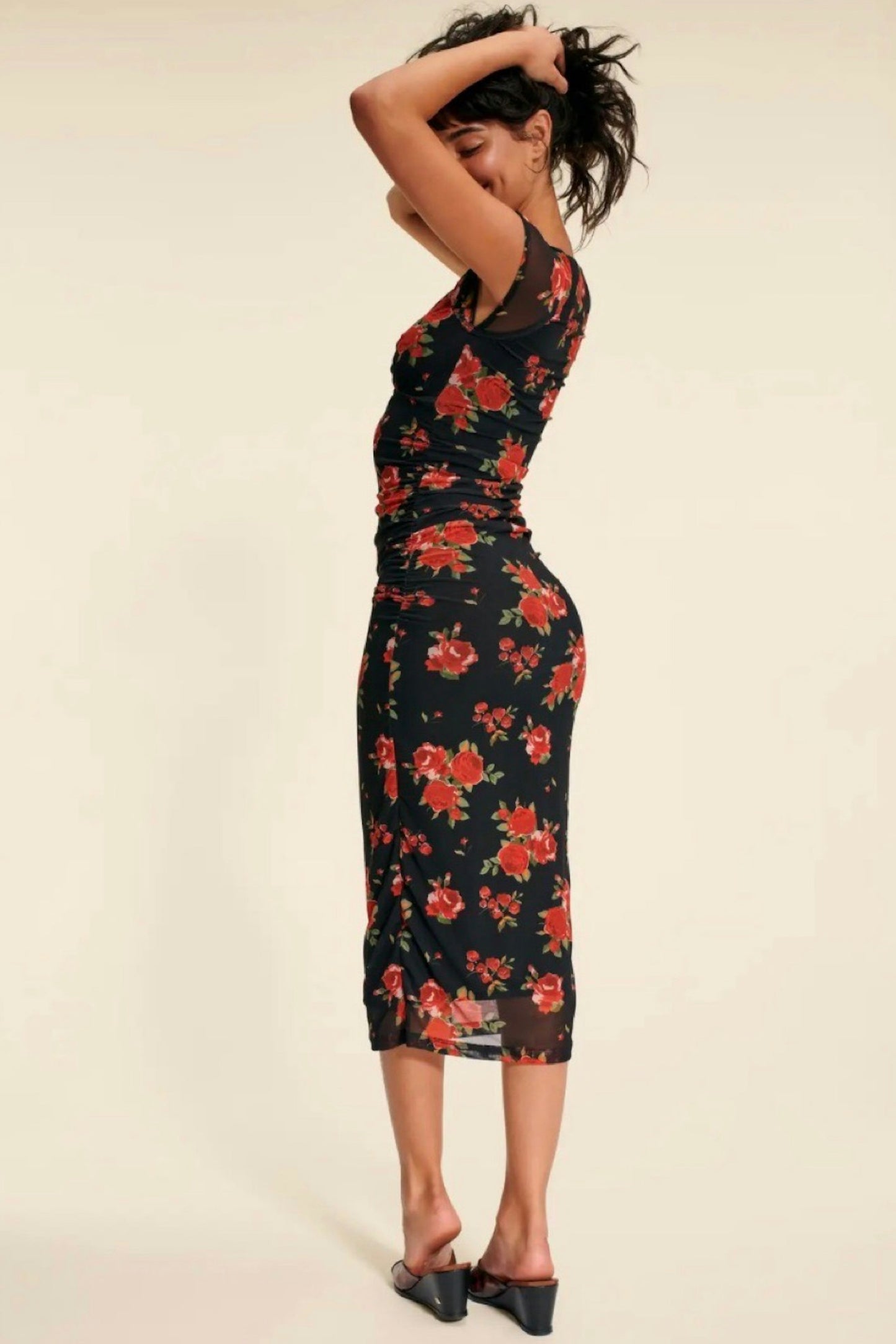 Floral Print Mesh Sweetheart Cap Sleeve Ruched Bodycon Midi Dress