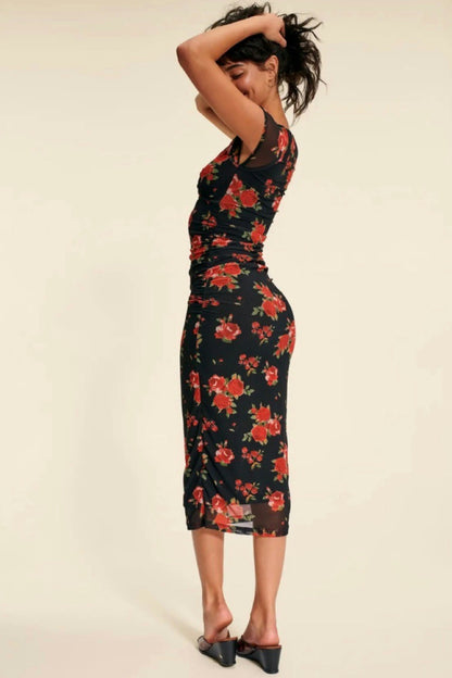 Floral Print Mesh Sweetheart Cap Sleeve Ruched Bodycon Midi Dress